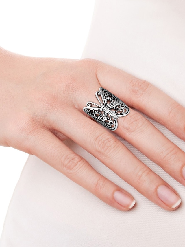 Women's Rings Filigree Butterfly Jewelry Fashion All-Match Opening Adjustable Ring (Silver) Retro Carved Big Trendy Wrap-Around Butterfly Rings Jewelry